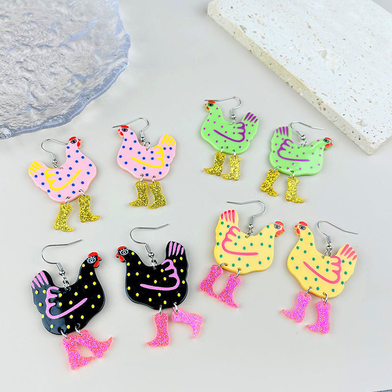Creative Rooster Stitching Acrylic Printing Chicken Strange Earrings