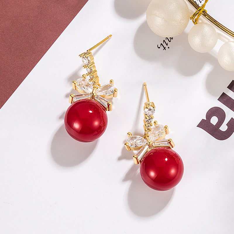 Inlaid Bow Pearl Red Festive High Earrings