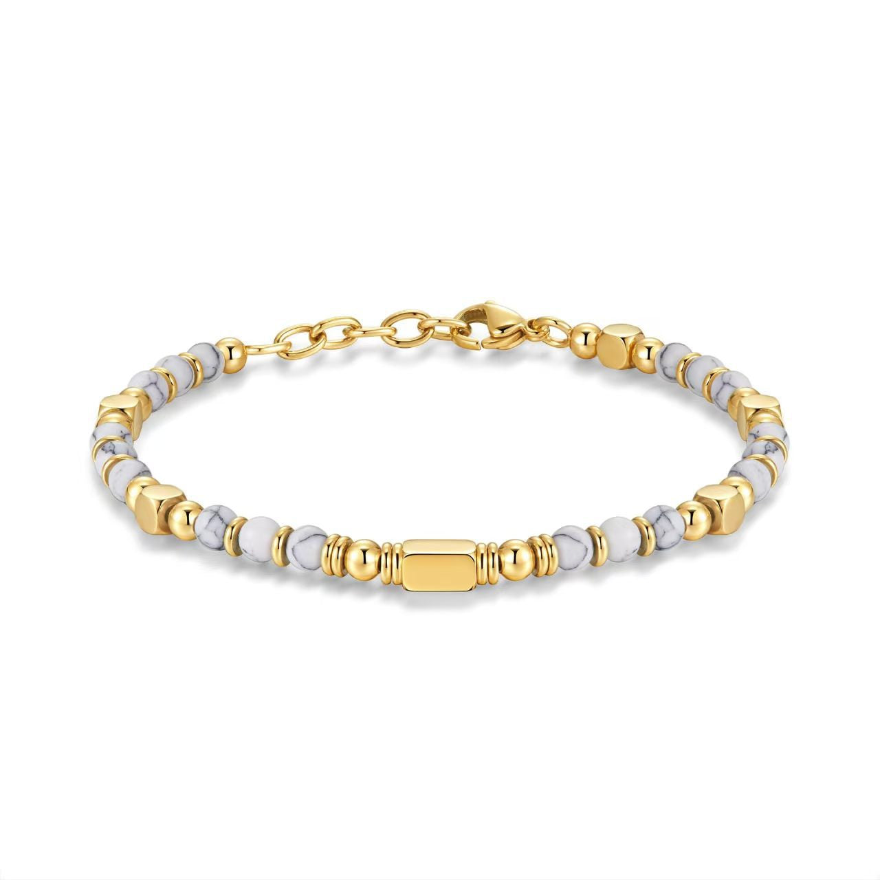 Natural Stone Stainless Steel Black Frosted Golden Balls Beaded Adjustable Bracelet