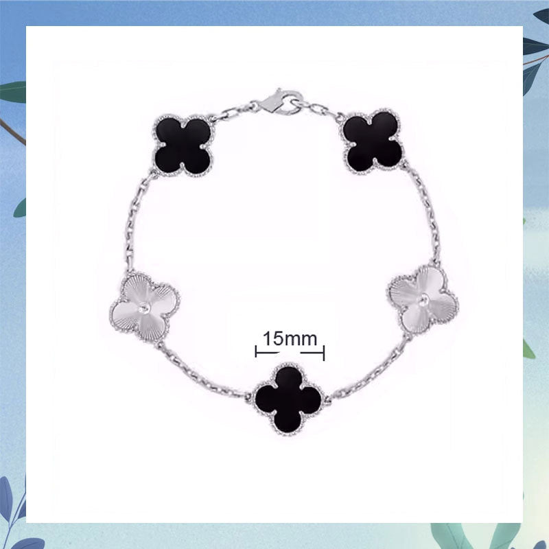 Women's Four-leaf Clover Rose Gold Red Agate Black White Shell Flower Bracelet
