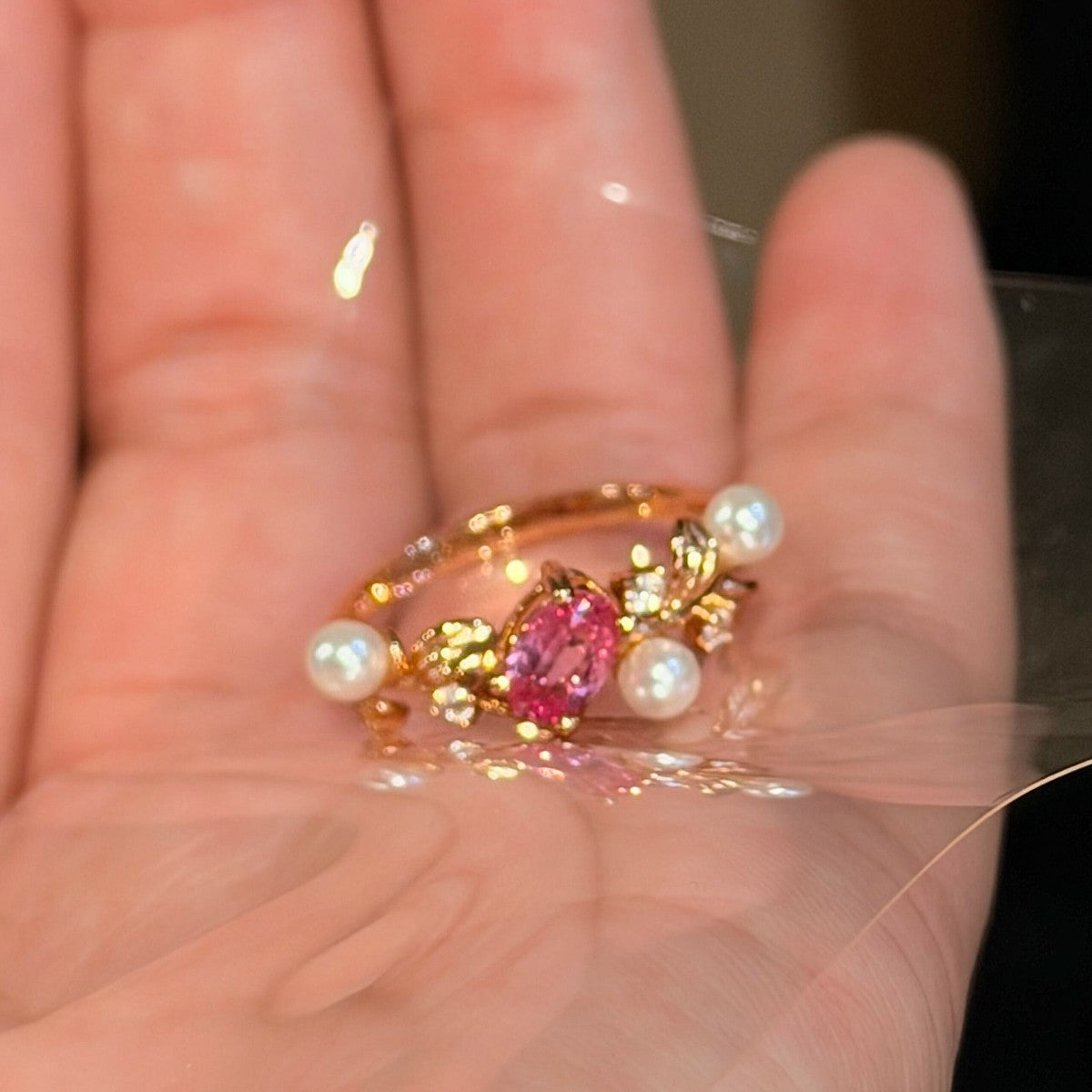 One Garland Rhinestone Champagne Gold Pearl Ring