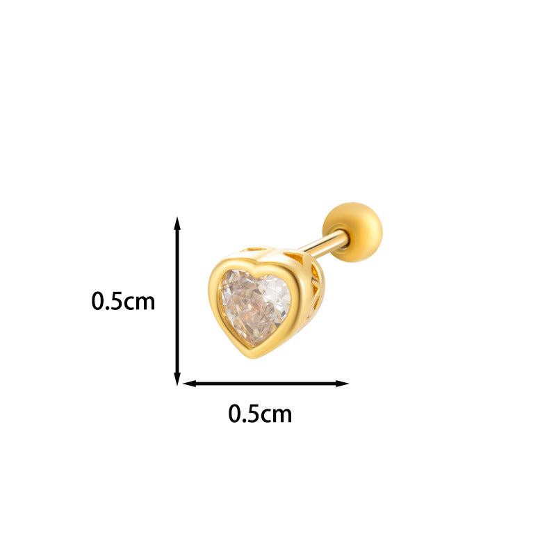 Loving Heart Zircon Ear Bone Pin Titanium Steel Screw Stud Earrings