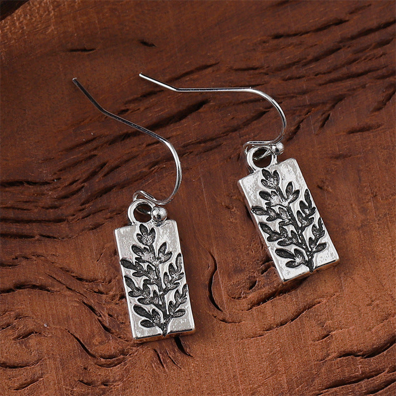 Fashionable Retro Ancient Sier Leaf Square Simple Earrings