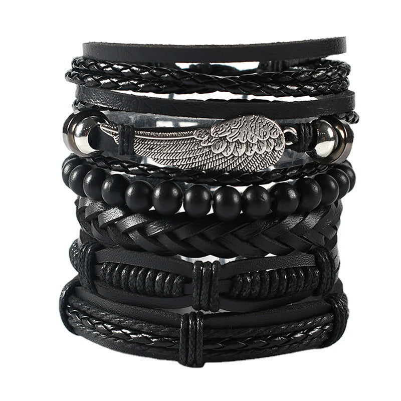 Men's Combination Vintage Leather Carrying Strap Wings Alloy Bracelets