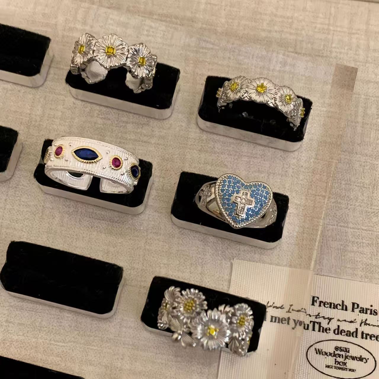 Korean Style Blue Cross Lace Niche Color Zirconium Ring