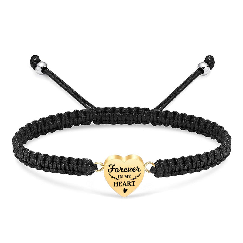 Heart-shaped Cinerary Casket Black Braided Rope Adjustable Stainless Steel Lettering Bracelet
