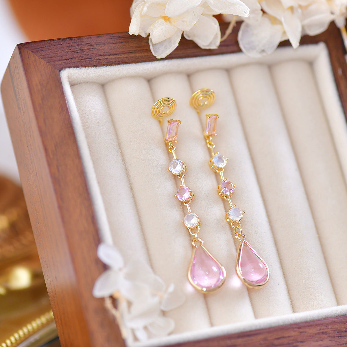 Pink Crystal Peach Blossom Tears Long Earrings