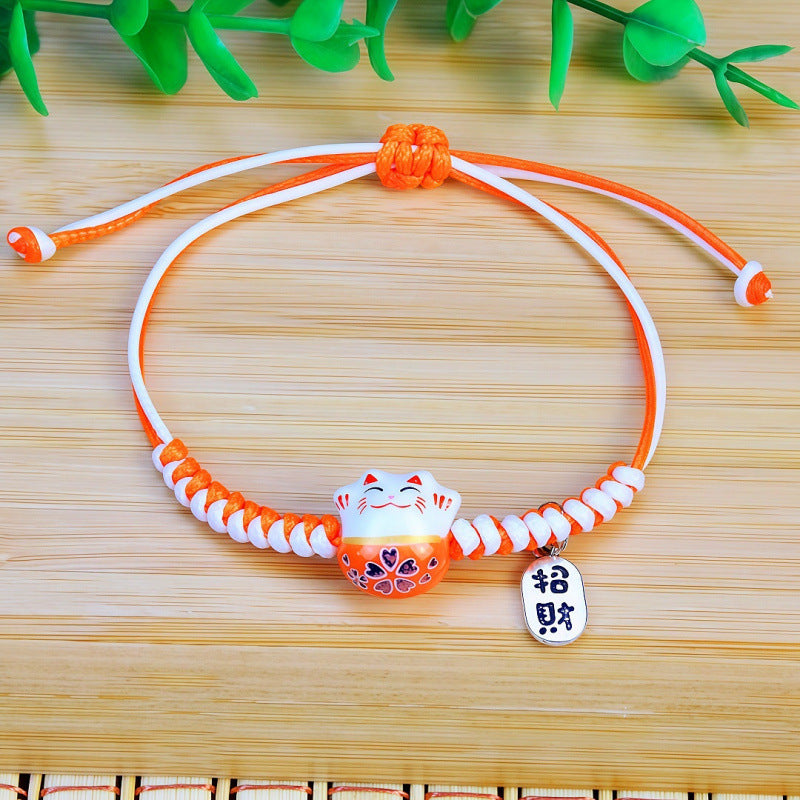 Ethnic Style Hand-woven Lucky Fortune Ceramic Cat Wax Line Double Bracelet