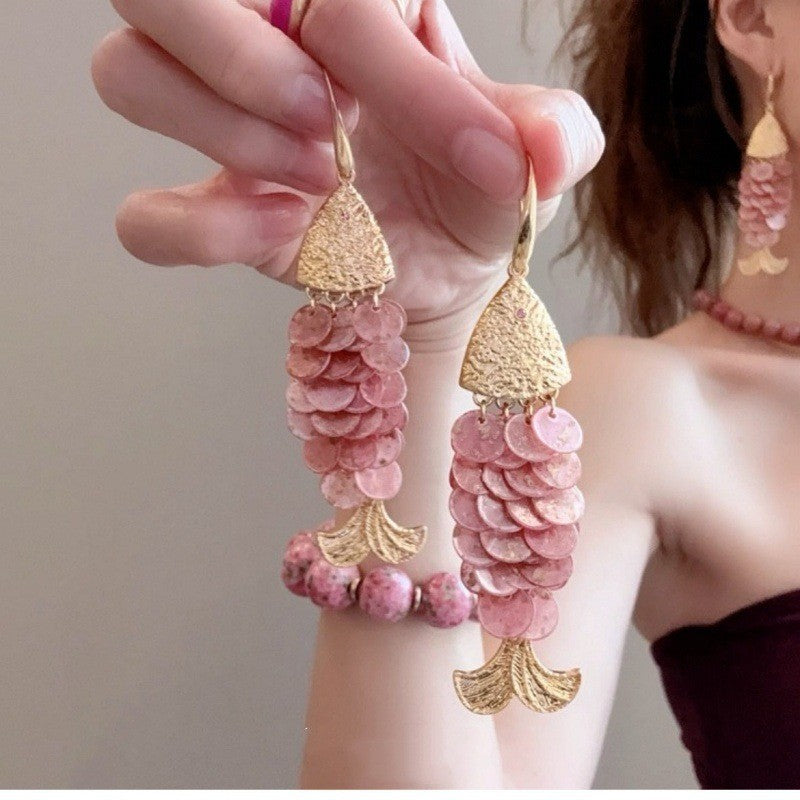 Women's Ancient Gold Pink Shell Small Fish Ear Hook Antique Unique Rings