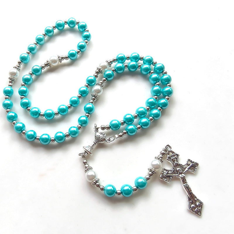 Glass Pearl Handmade Beaded Cross Long Necklaces