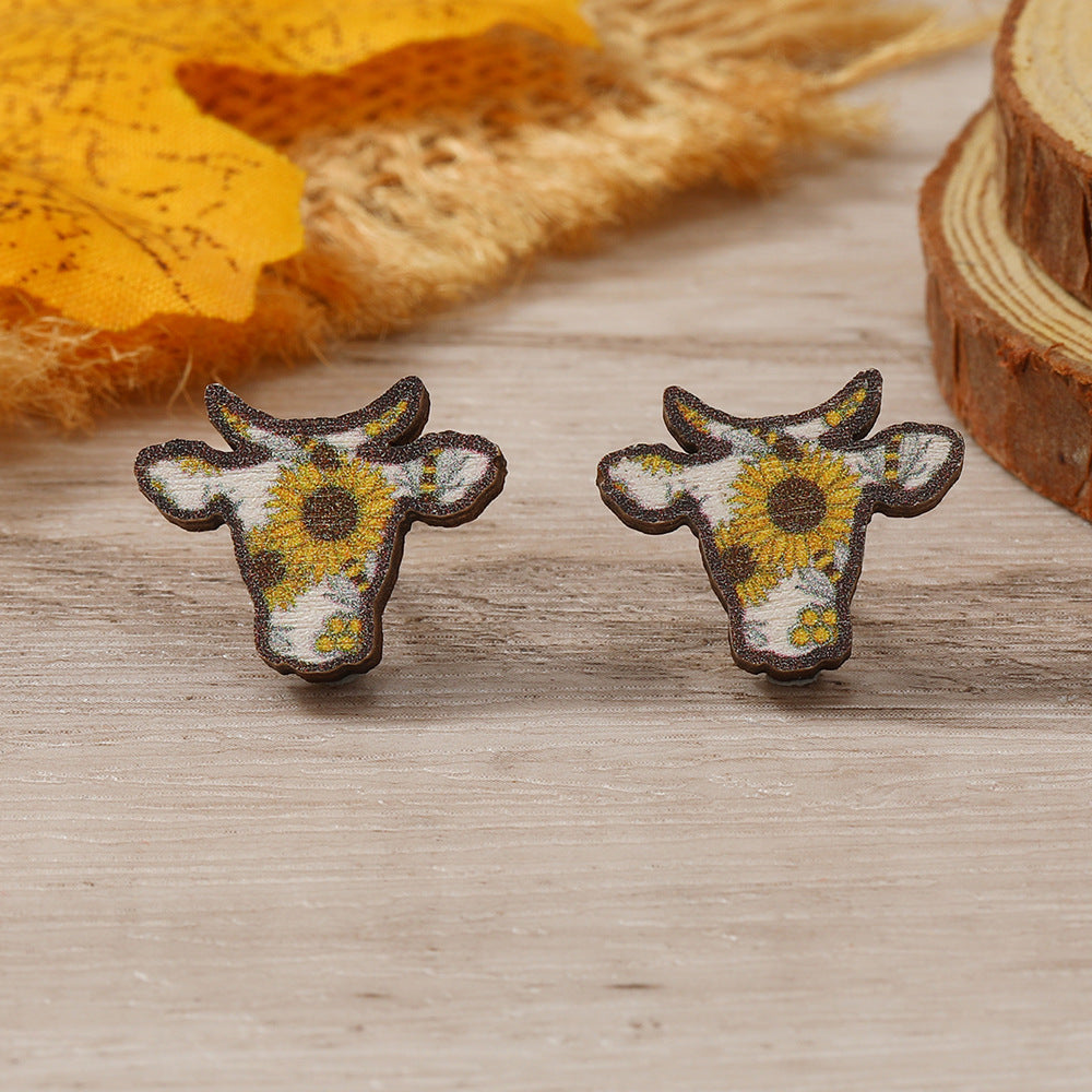 Head Wooden Simple Fashion Personality Cows Pattern Hat Leopard Earrings