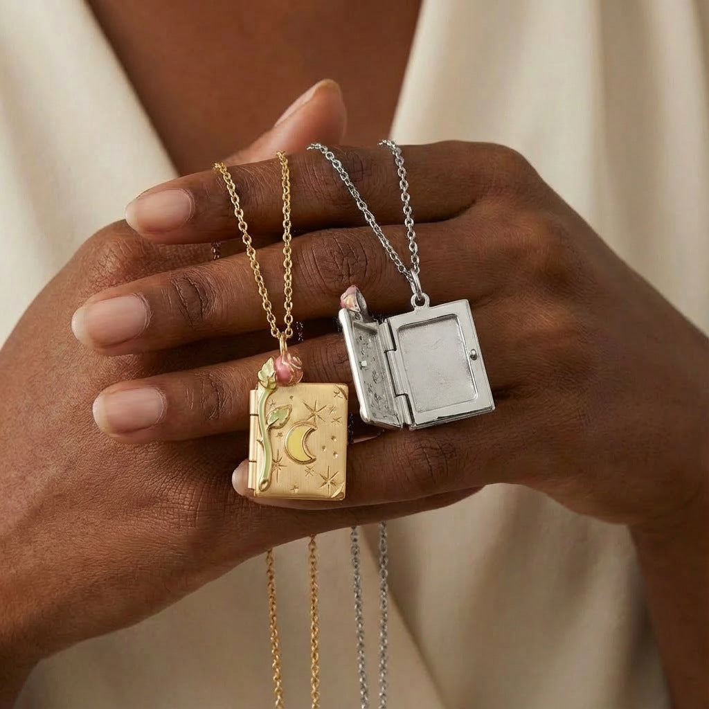 Gold Sier Star Moon Three-dimensional Rose Book Necklaces
