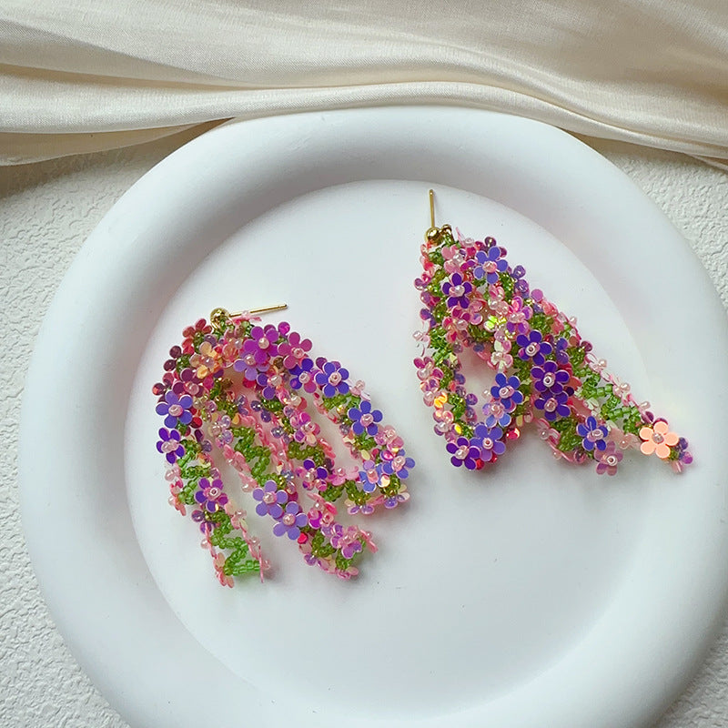 Laser Sequined Flower Tassel Vacation Style Earrings