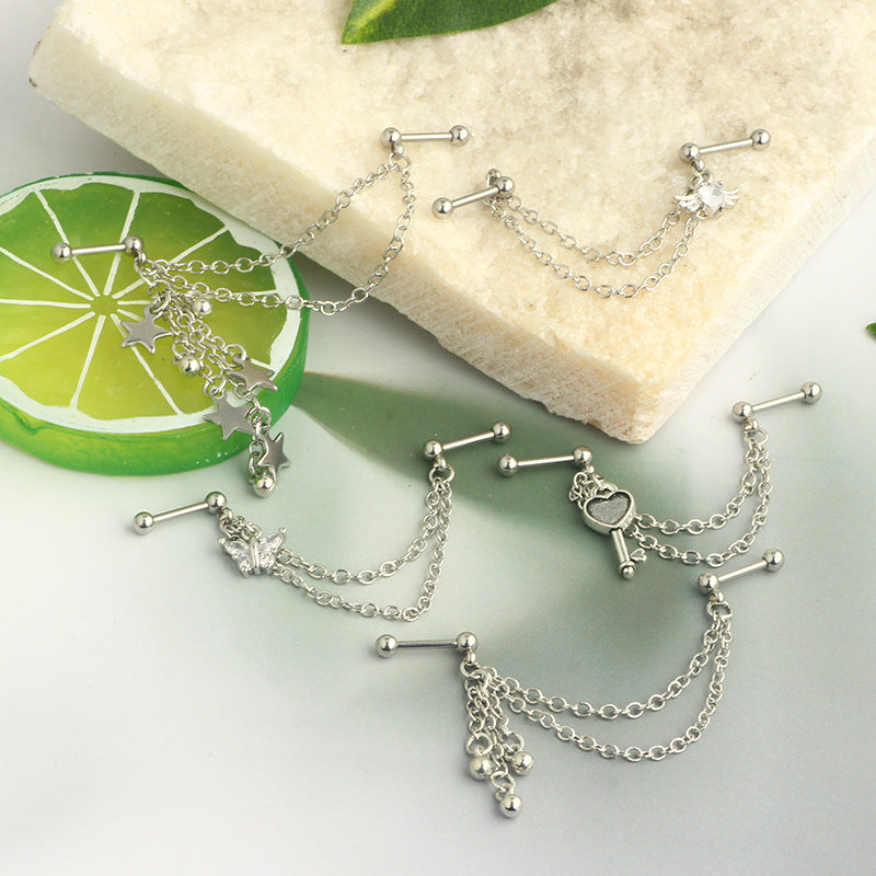 Ball Fashion Piercing Stainless Steel Chain Zircon Moon Heart-shaped Ear Earrings
