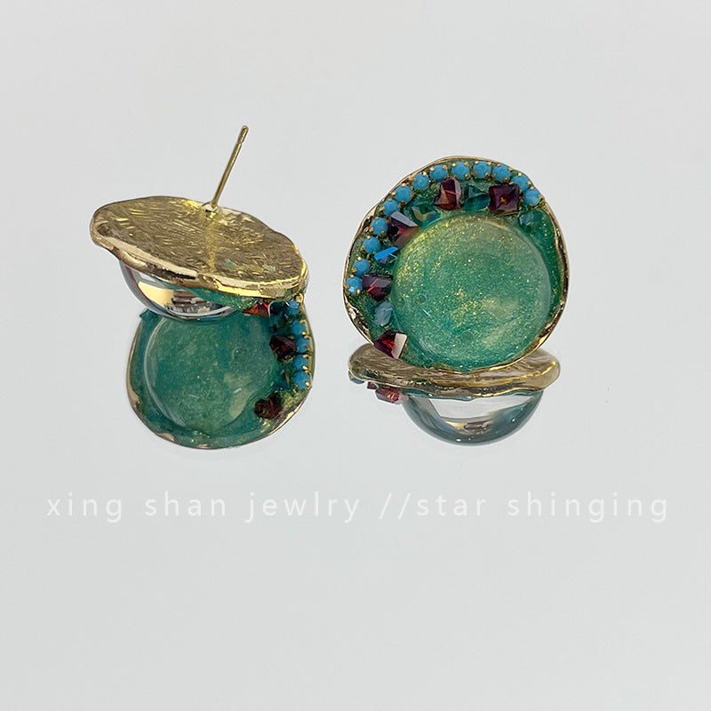 Court Retro Imitation Glaze Color Diamond Stud Earrings