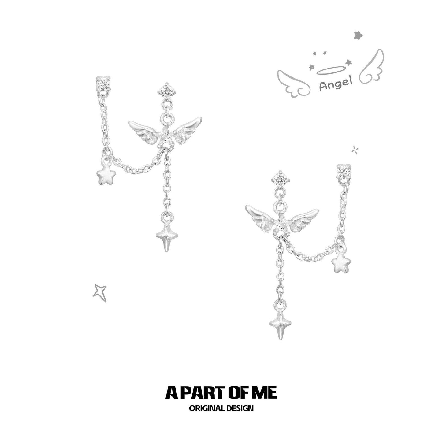 Double Ear Chain Pure White Angel Stud Earrings
