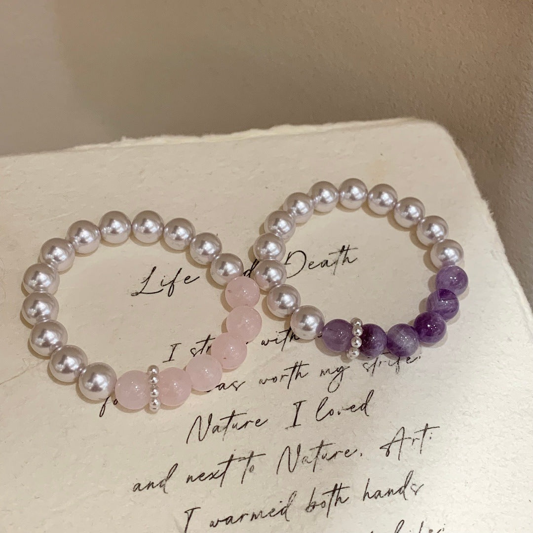 Women's Crystal Manta Rose Pearl Purple Perfect Circle Stitching Elastic String Bracelet