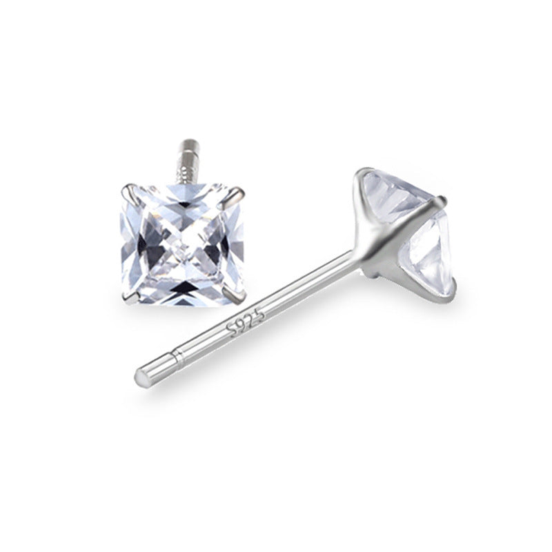 Sier Square Chinese Simple Fashion Zircon Stud Earrings