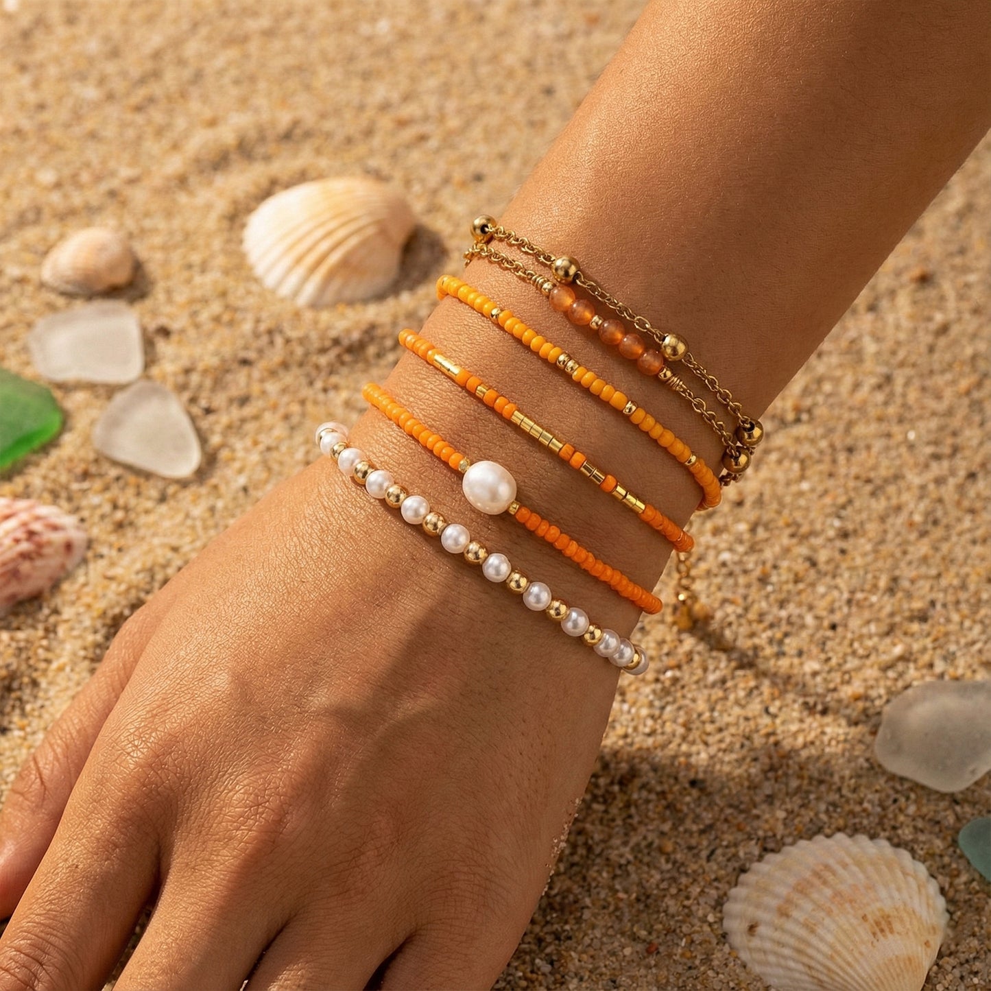 Summer Beach Style Orange Bead Pearl Twin Bracelet