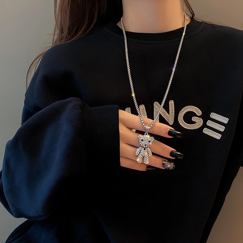 Women's Diamond Bear Soil Cool Female Trendy Stainless Steel Sweater Chain Necklace