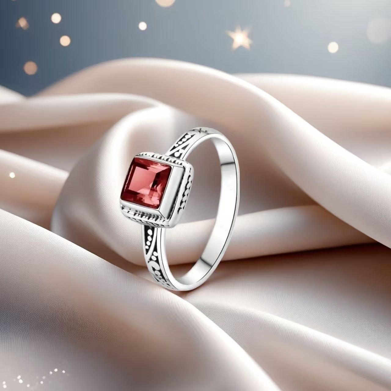 Women's Garnet Square Retro Simple Pattern Carving Niche Opening Design Ring