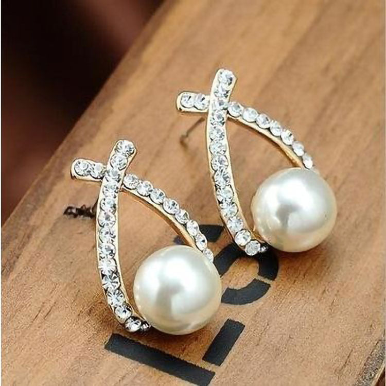 Women's Sier Needle Korean Style Fashion Geometry Pattern Cross Pearl Shining Earrings