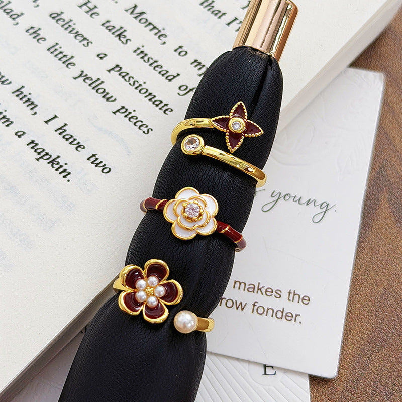 Women's Sweet Retro Affordable Luxury Colorful Enamel Flower Pearl Diamond Asterism Rings