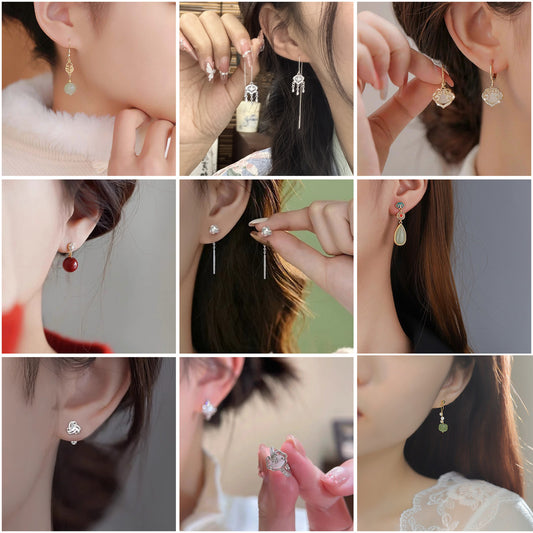 Women's For Auspicious Jade Chinese Cloud Retro Red Stud Earrings