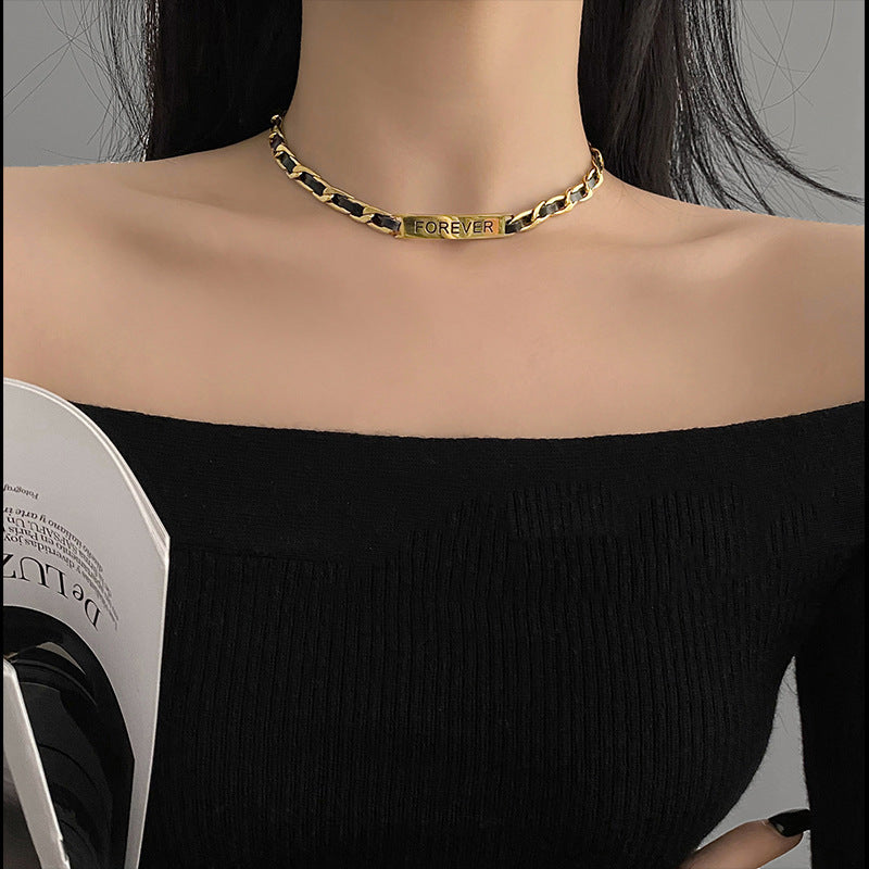 Design Leather Stitching Black Rope Curved Clavicle Chain Necklaces