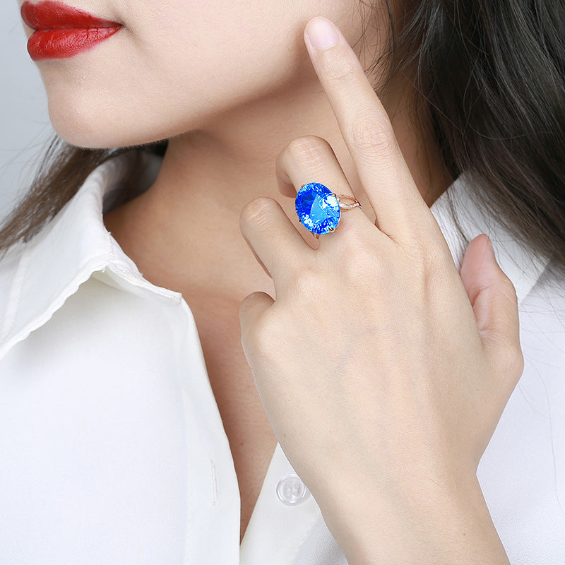 Big Diamond Colored Gems Open Imitation Swiss Blue Oval Natural Ring