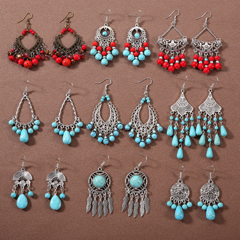 Tassel Turquoise Retro Minority Ethnic Style Graceful Personality Tibetan Earrings