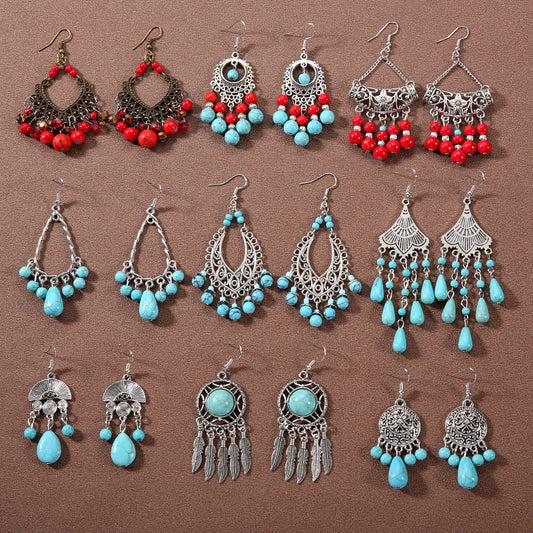 Tassel Turquoise Retro Minority Ethnic Style Graceful Personality Tibetan Earrings