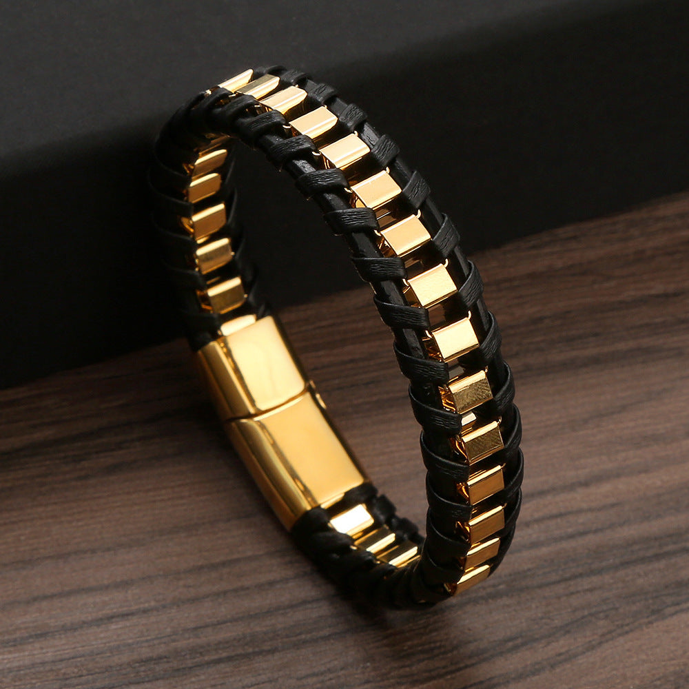Men's Personality Stainless Steel Woven Leather Vintage Bracelet