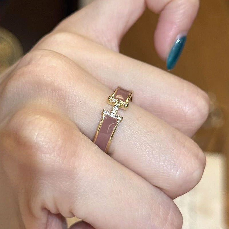 Women's Enamel Oil Dripping Craft Zircon White Cinnamon Milk Tea Brown Ring