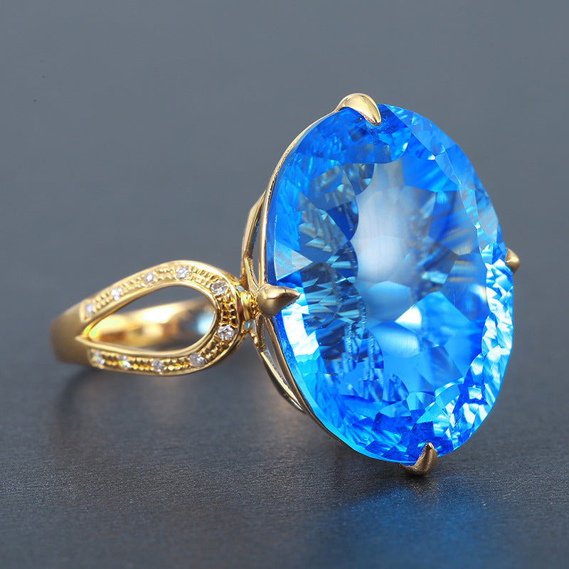 Big Diamond Colored Gems Open Imitation Swiss Blue Oval Natural Ring