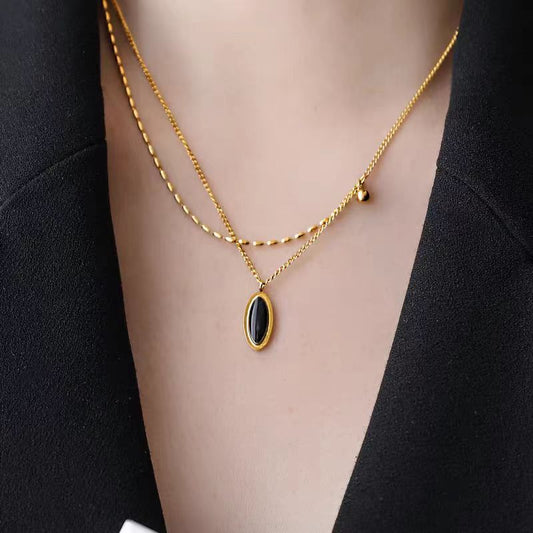 French Oval Black Mirror Collarbone Plated Necklaces