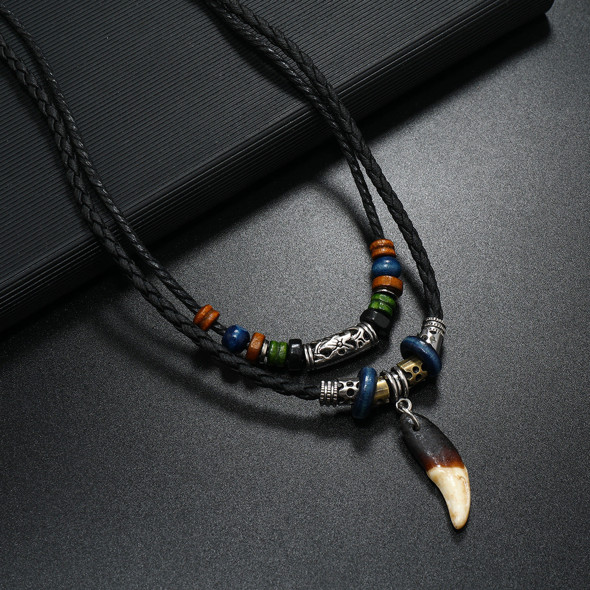 Men's Leather Personalized Retro Double Layer Wolf Tooth Necklace