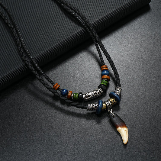 Men's Leather Personalized Retro Double Layer Wolf Tooth Necklace