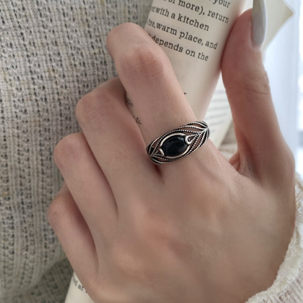 Fashion High Sense Lace Natural Stone Black Agate Female Rings