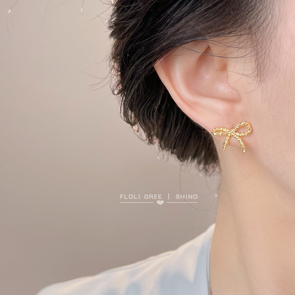 Fashion High Sense Simple Compact Sand Bow Sier Plated Pin Stud Earrings