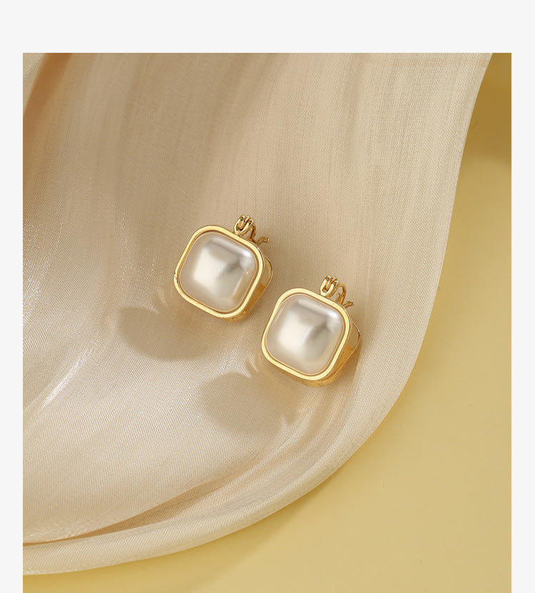 Sier Geometric Square Double-sided Pearl Model Advanced Design Earrings