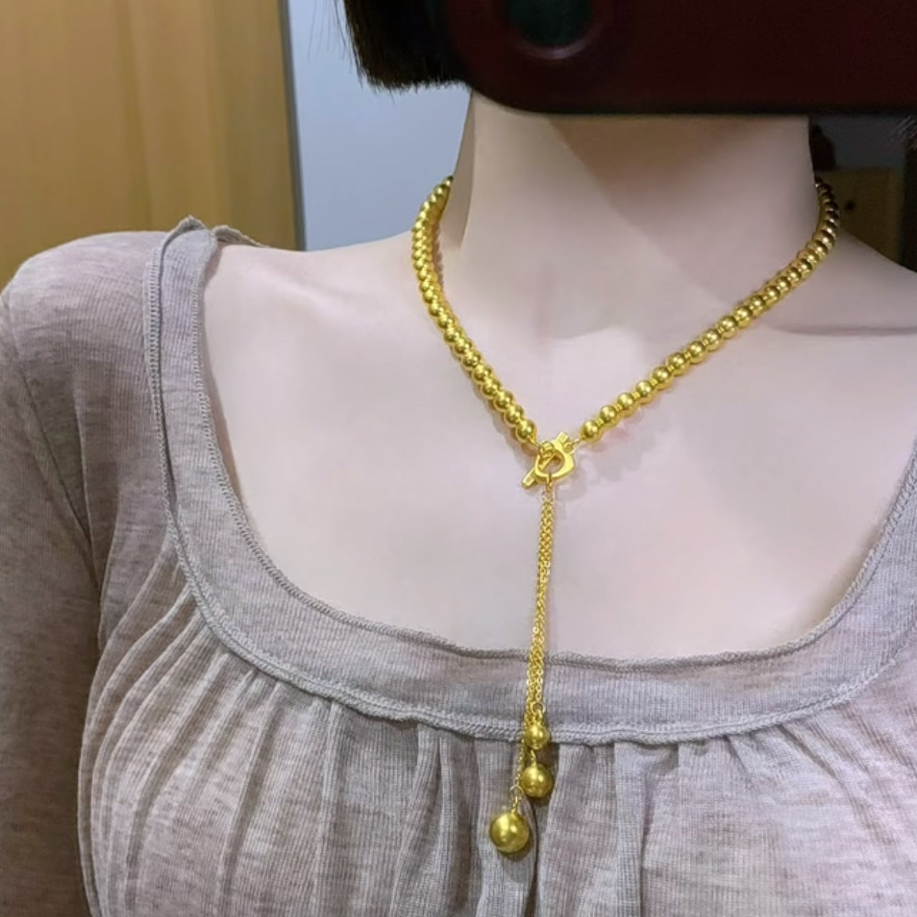 Ancient Gold Beads Chain Drop-off Heart Buckle Tassel Imitation Three Necklaces
