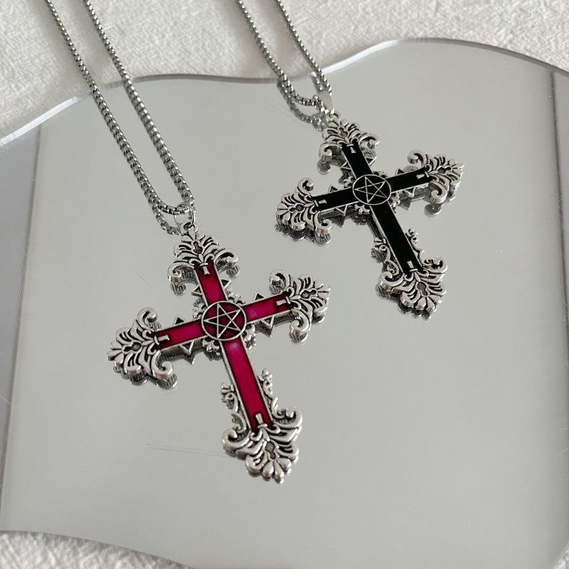 Grid Retro Dark Gothic Black Red Cross Necklace