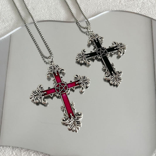 Grid Retro Dark Gothic Black Red Cross Necklace