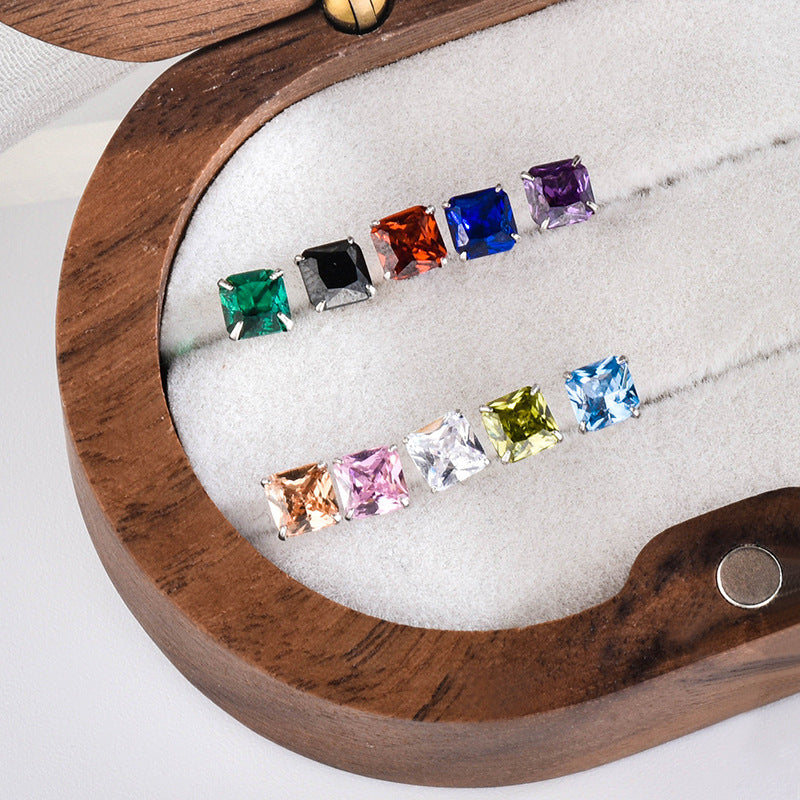 Sier Square Chinese Simple Fashion Zircon Stud Earrings