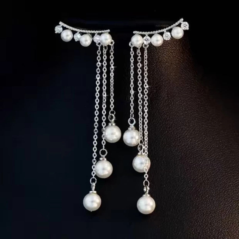 Women's Fringed Pearl Super Fairy Bow Elegant Eardrop Bridal Earrings