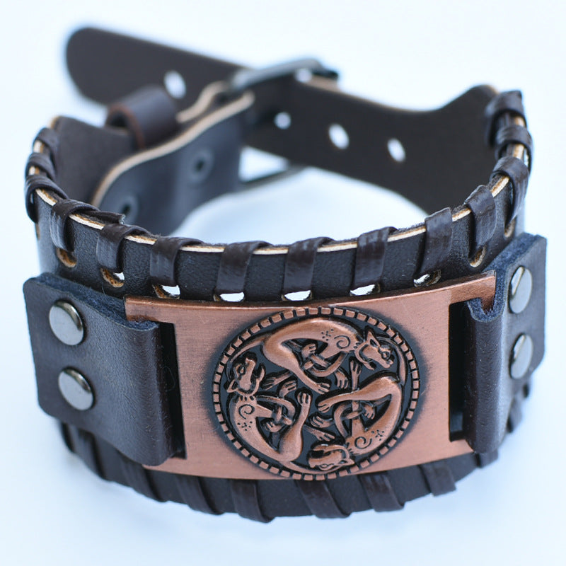 Men's Retro Viking Totem Leather Wolf Head Bear Claw Gossip Lucky Bracelet