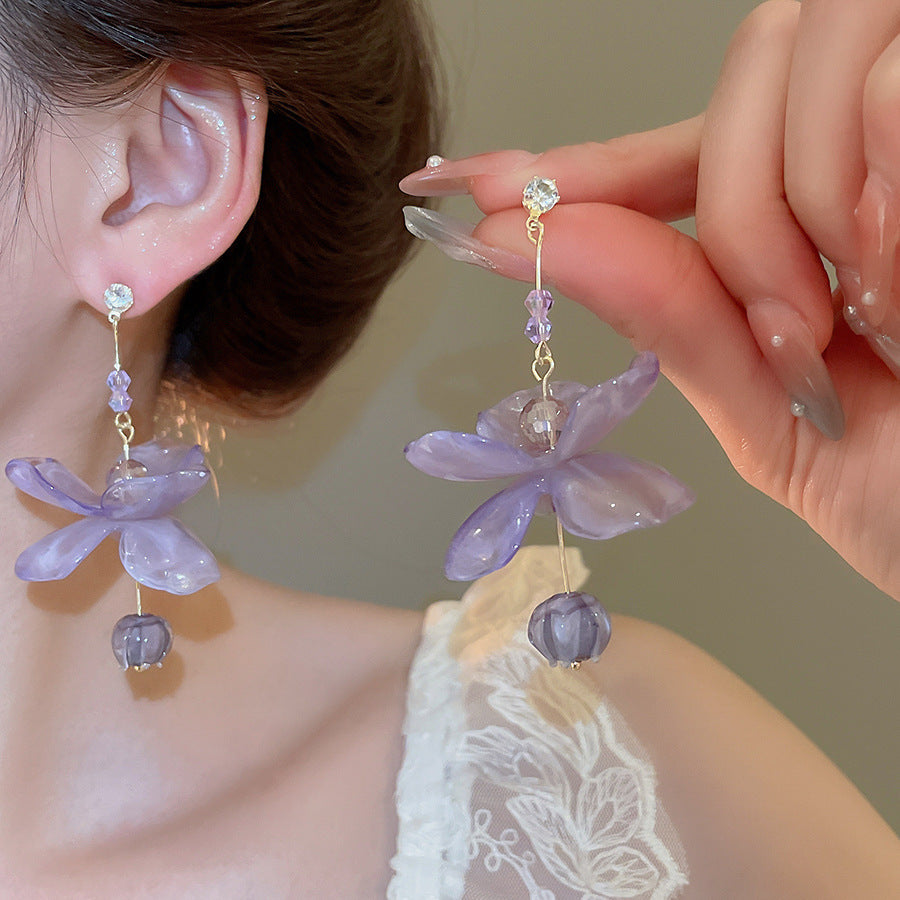 Women's Needle Fabric Purple Flower Tassel Light Luxury High-grade Temperament Fashionable Earrings