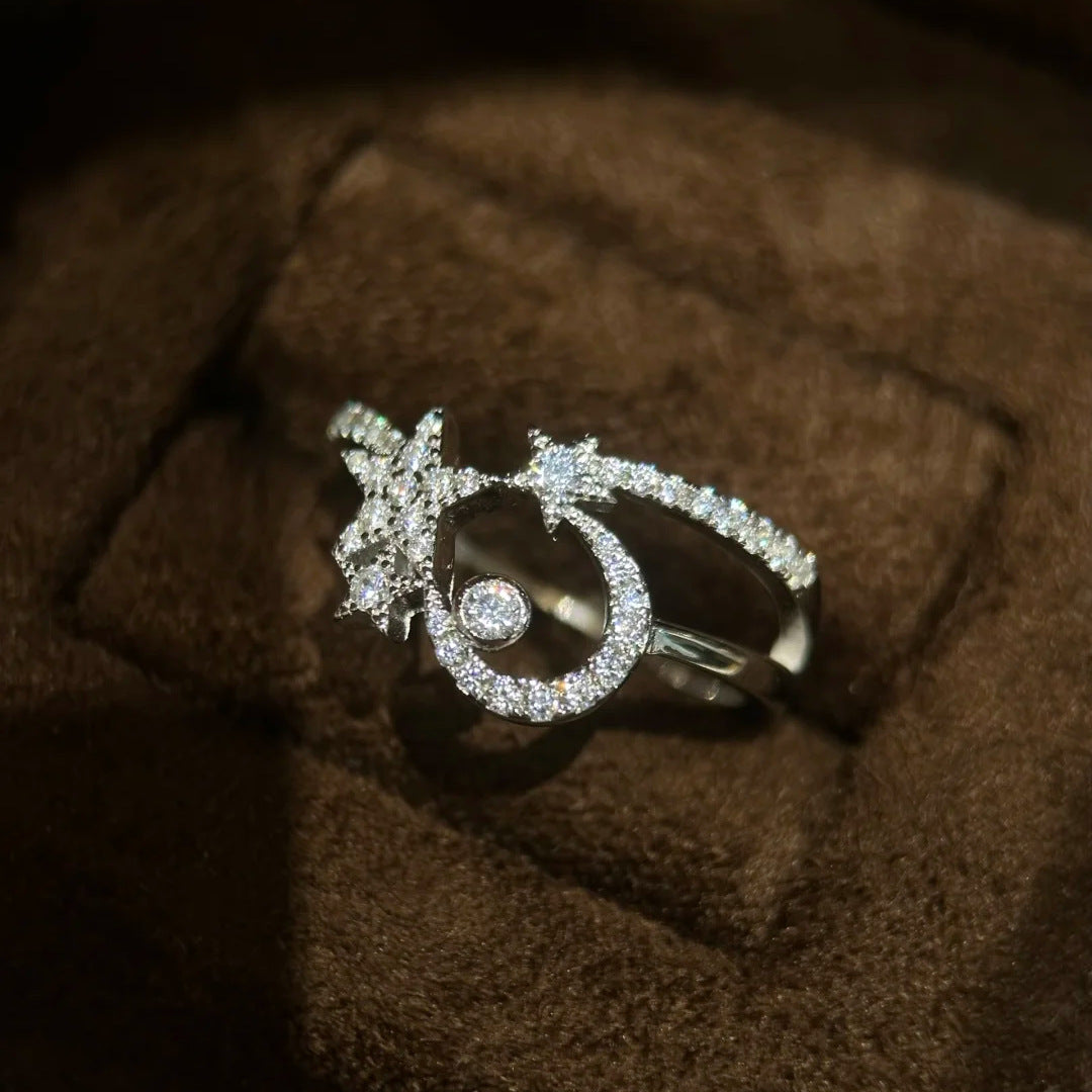 Diamond Star Moon Simple Daily Twin Open Female Ring
