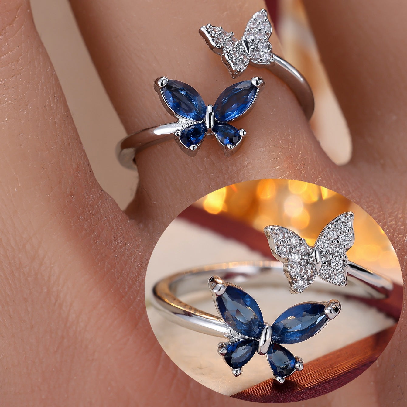 Inlaid Zirconium Double Butterfly Open Light Luxury Minority Design Fashion Rings